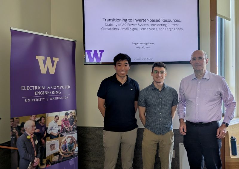 Photo of Trager, Prof. Baosen Zhang, and Prof. Daniel Kirschen after Trager's Dissertation Defense.
